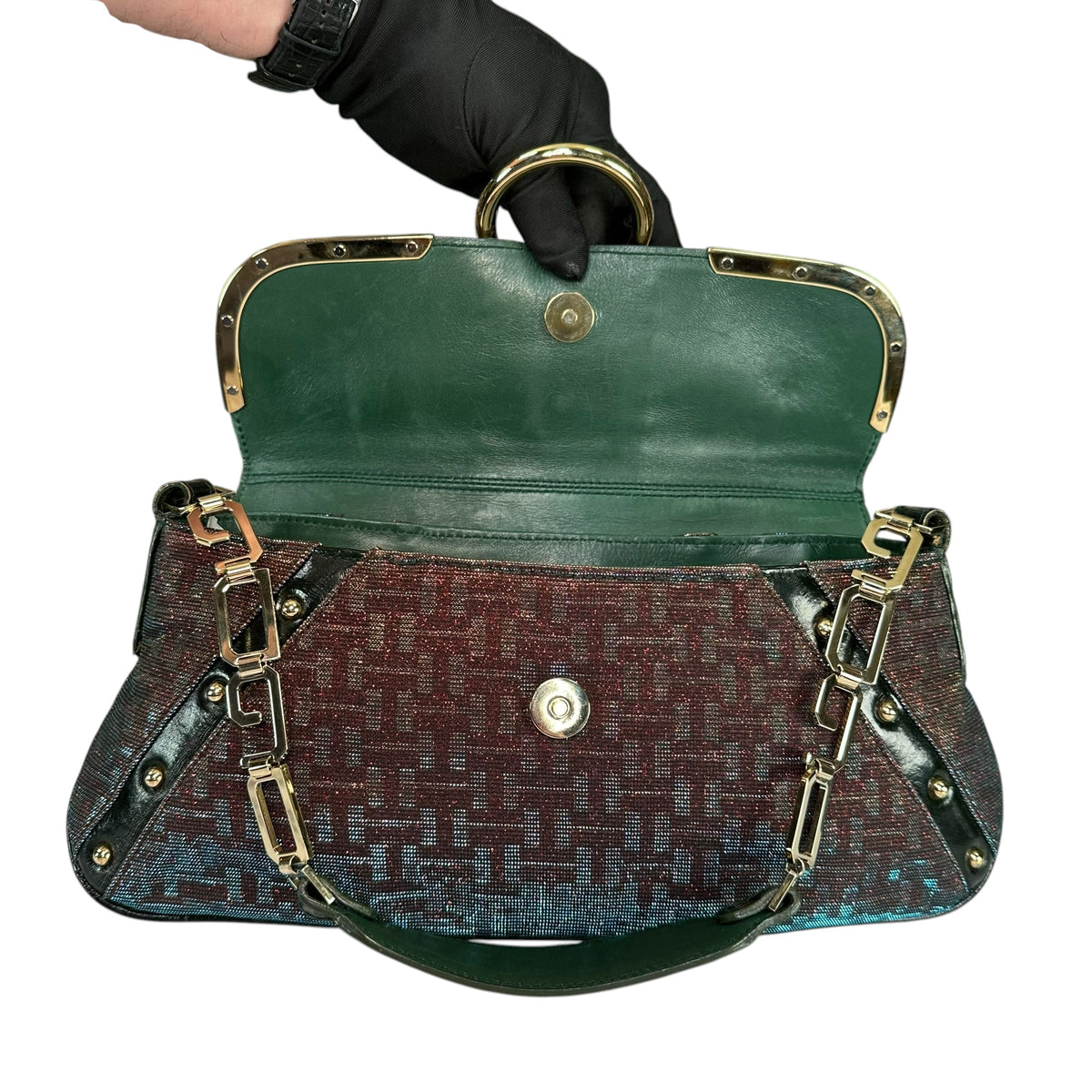 Dolce & Gabbana D-Ring Eel Skin Green / Gold Hologlyphic Canvas Shoulder Purse