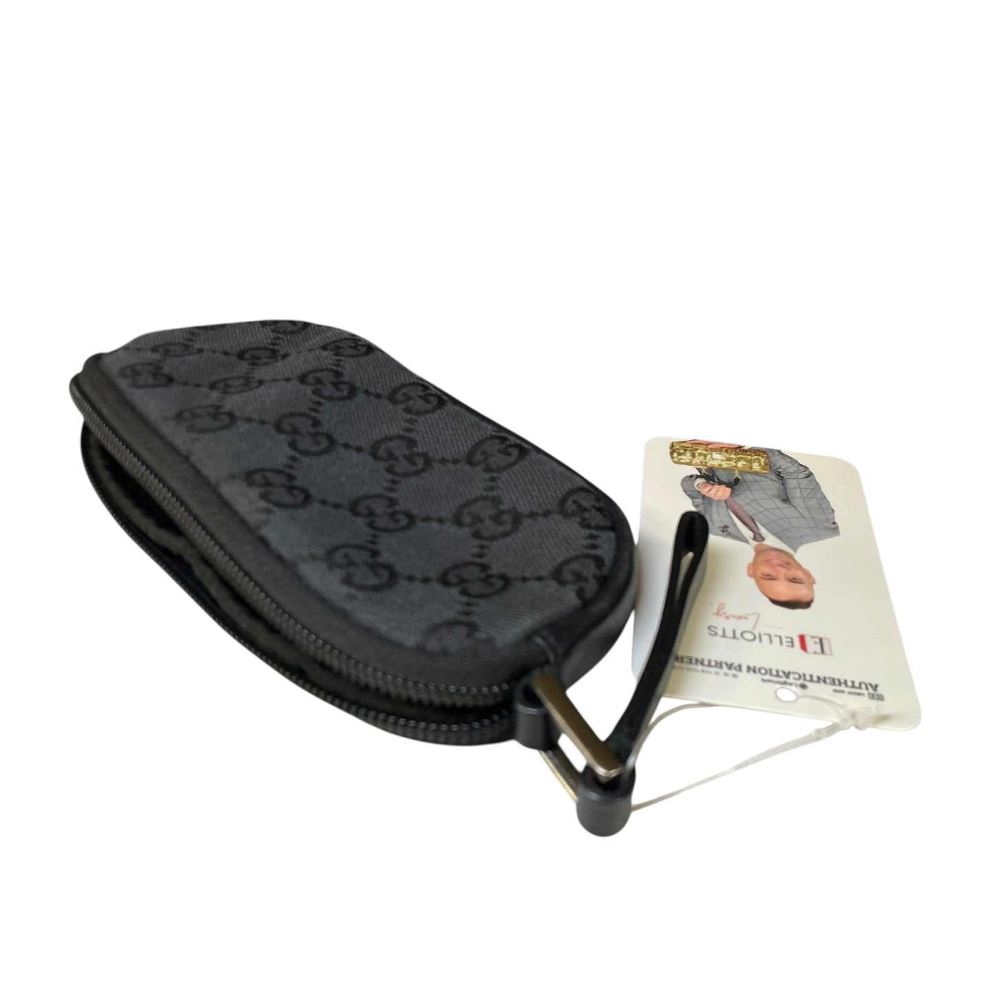 Gucci GG Black Canvas Leather Coin Card Wristlet Slim Zip Pouch