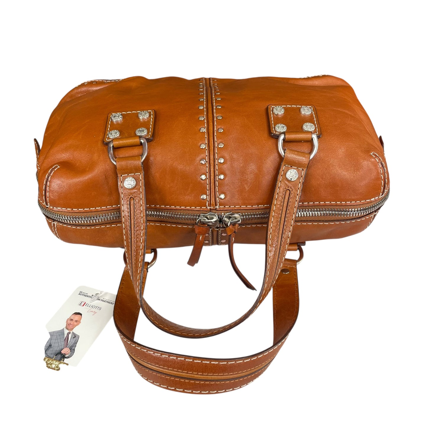 Michael Kors Astor Studded Equestrian SHW Distressed Tan Leather Satchel