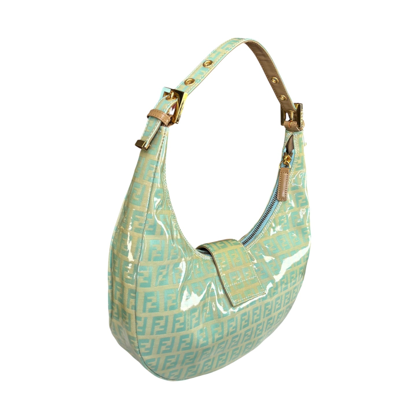 Fendi Y2K Baguette Crescent Mint Green Zucchino Coated Canvas Leather Purse