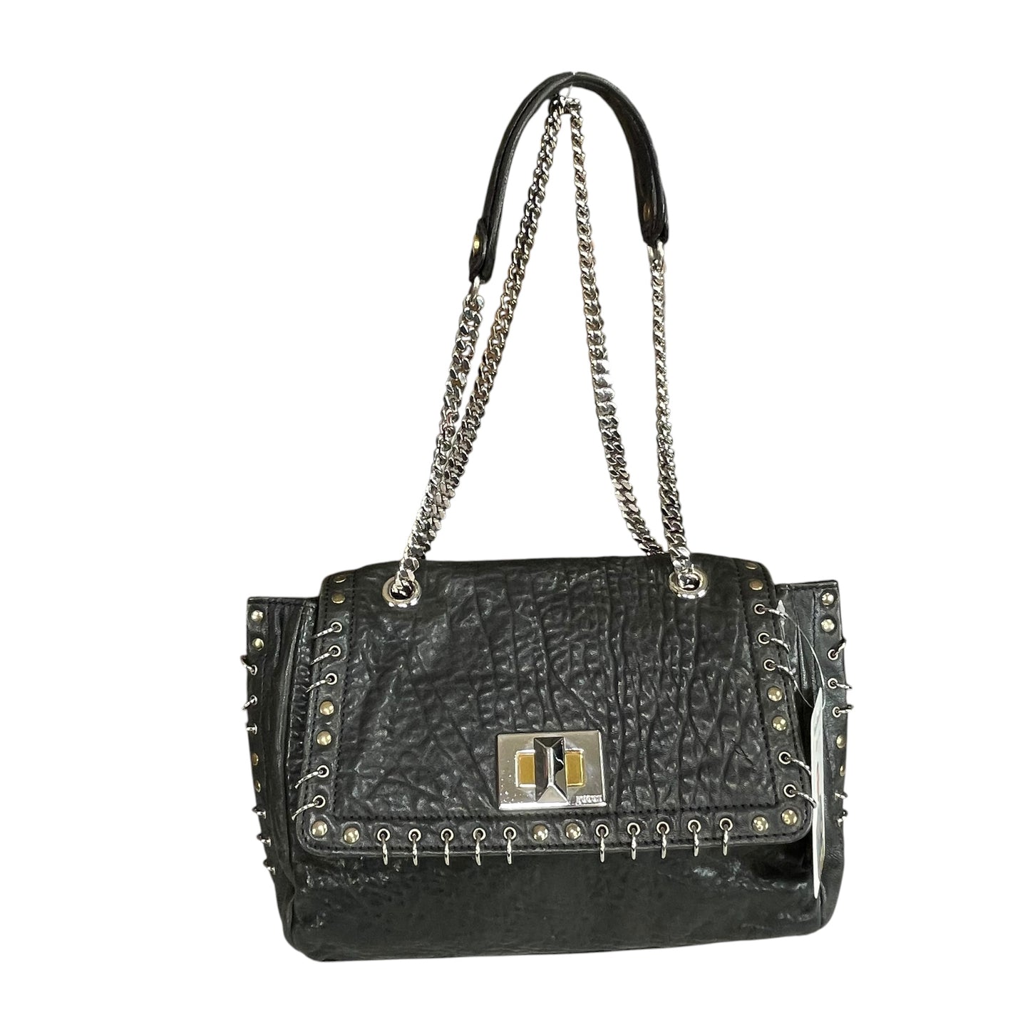Emilio Pucci Pierced Studded Flap Black Aged Cowhide Silver Gold 2-Way Shoulder Bag