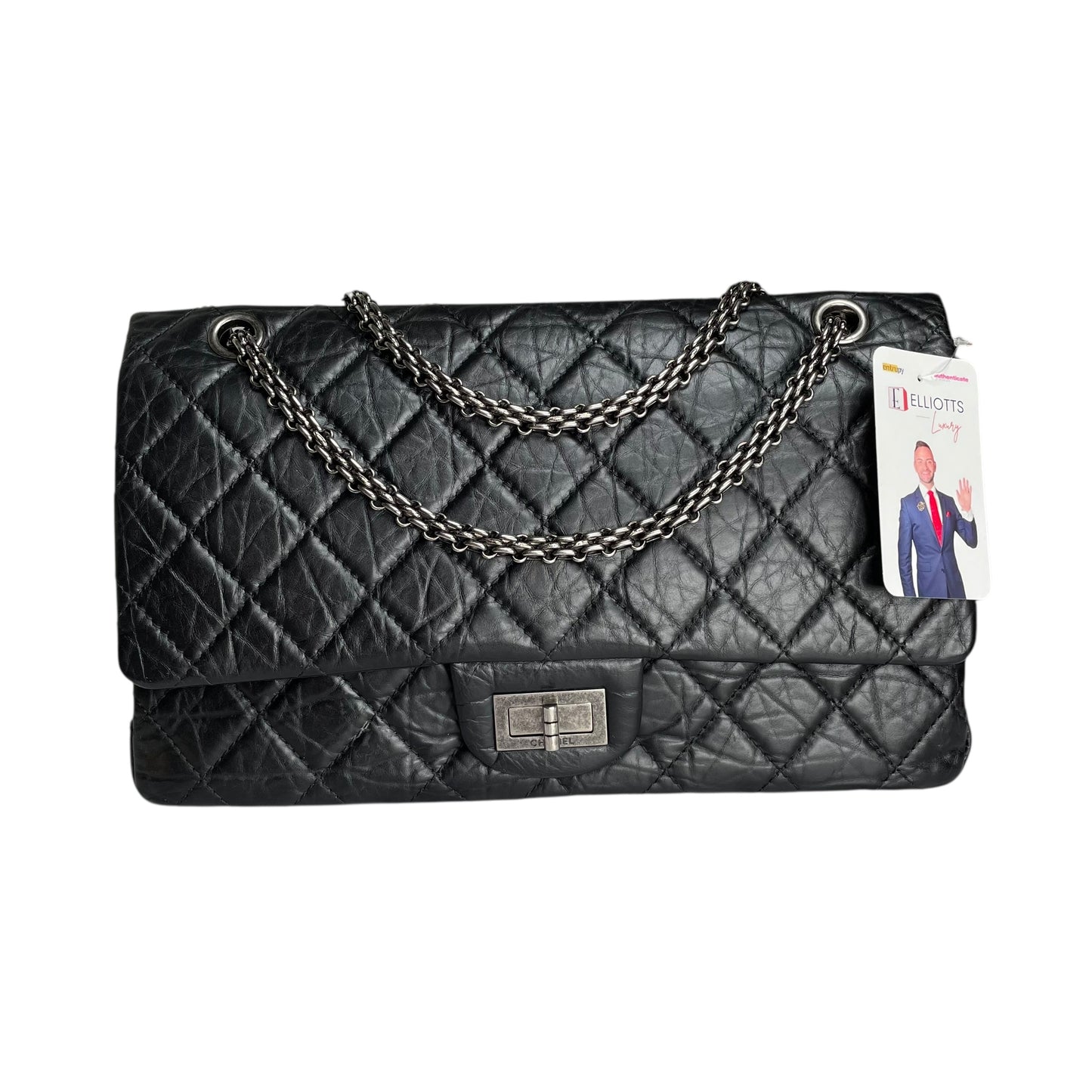 Chanel CC 255 Re-Issue Large Black Aged Calf Gunmetal Hardware Double Flap Purse