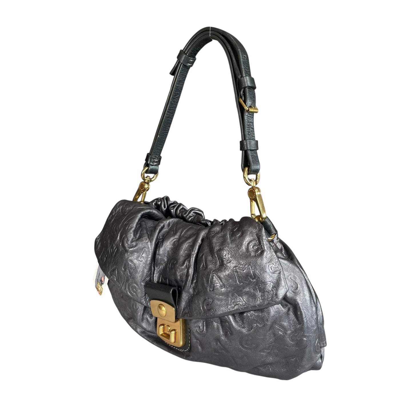 Marc Jacobs Linda Metallic Grey GHW Mono Leather Cinched Shoulder Purse