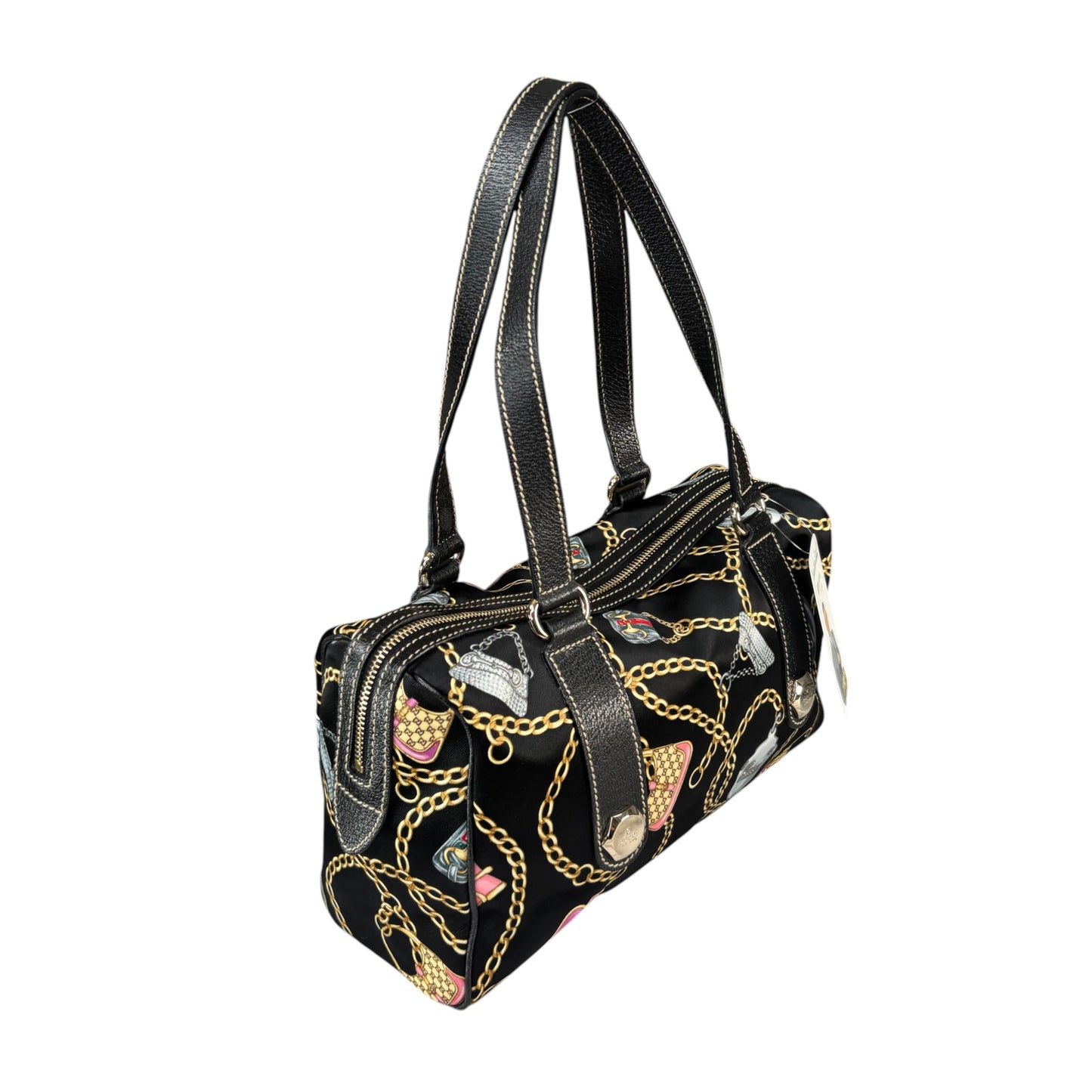 Gucci Black Satin Leather Boston Charm Motif Jackie / HorseBit Chain