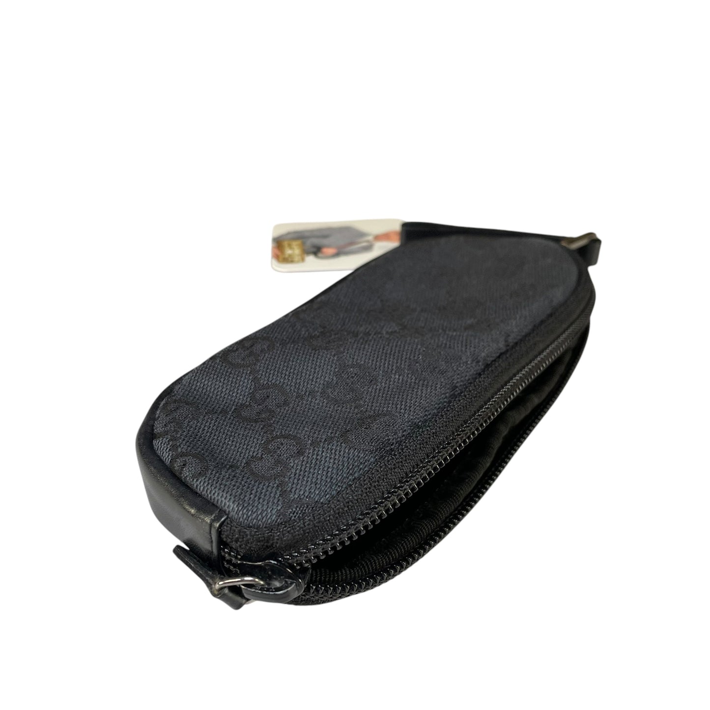Gucci GG Black Canvas Leather Coin Card Wristlet Slim Zip Pouch