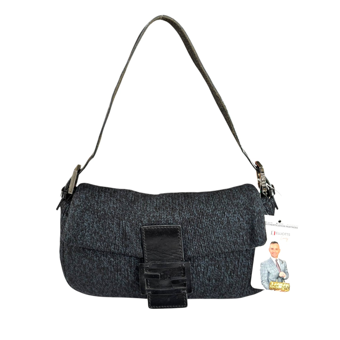 Fendi Baguette Classic Y2K Wool Cashmere Blue / Black SHW Knit Shoulder Purse