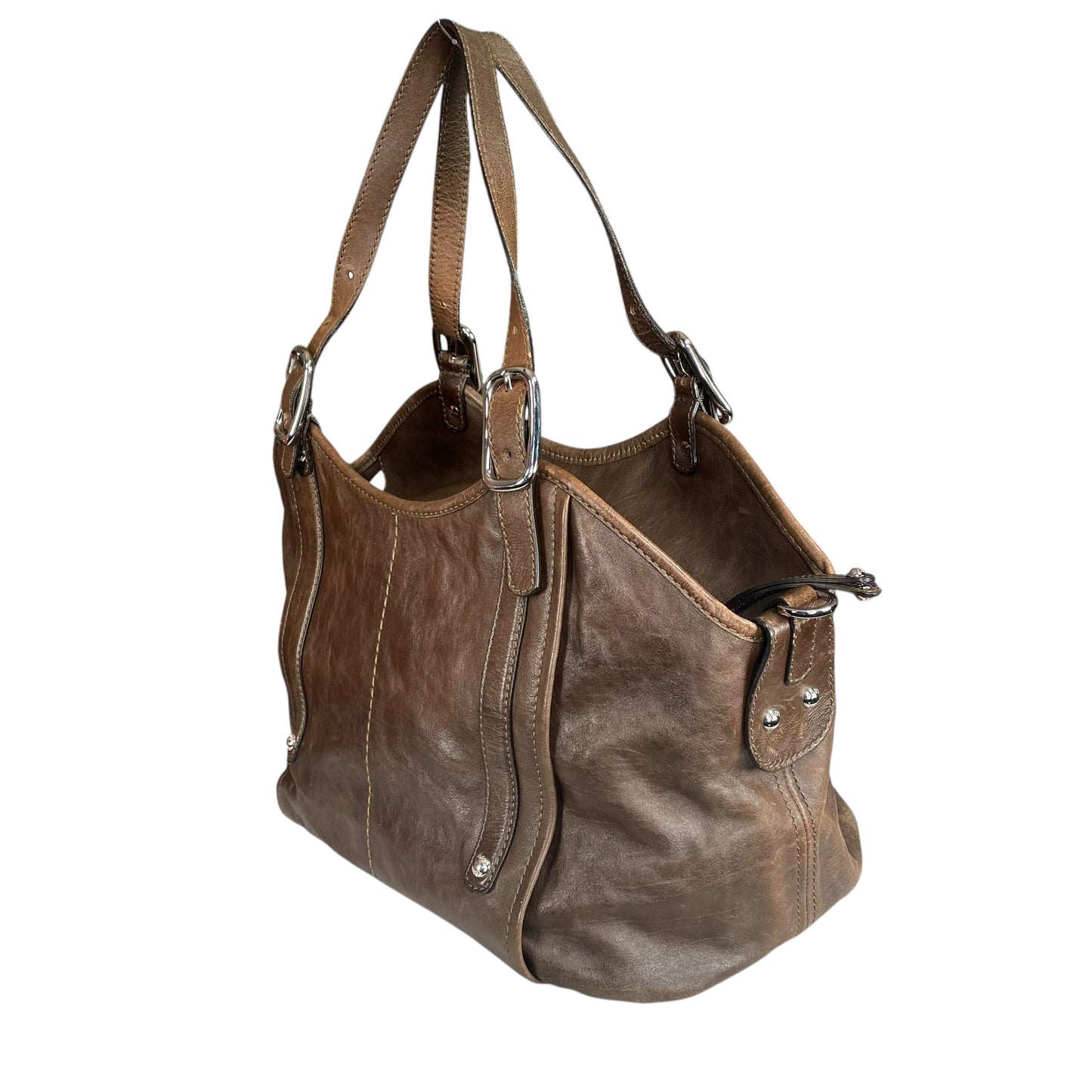 TOD’s G Easy Sacca SHW Grande Distressed Brown Leather Zip Media Tote