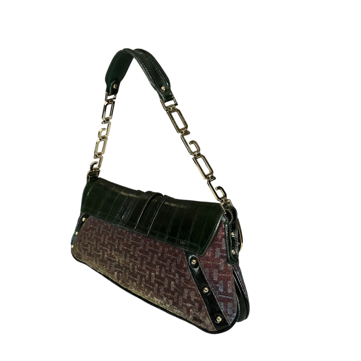 Dolce & Gabbana D-Ring Eel Skin Green / Gold Hologlyphic Canvas Shoulder Purse