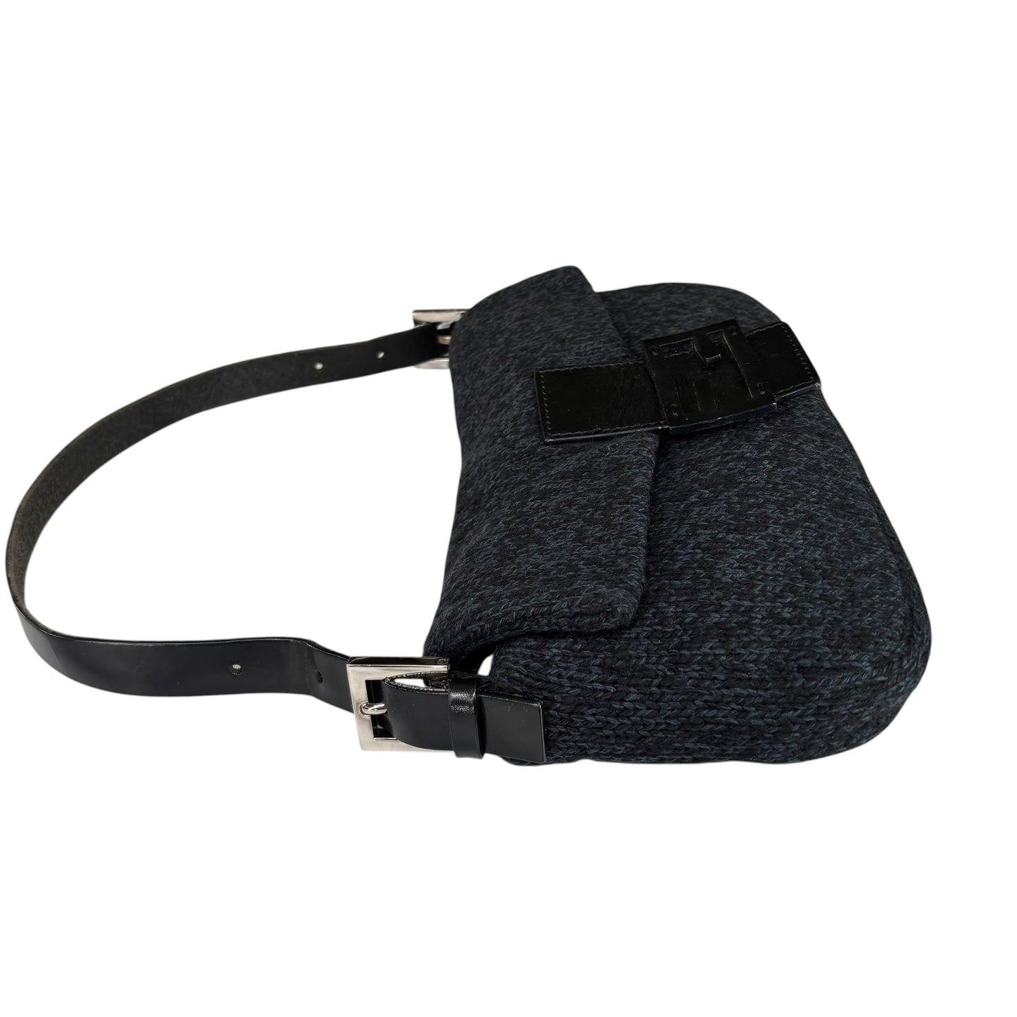 Fendi Baguette Classic Y2K Wool Cashmere Blue / Black SHW Knit Shoulder Purse