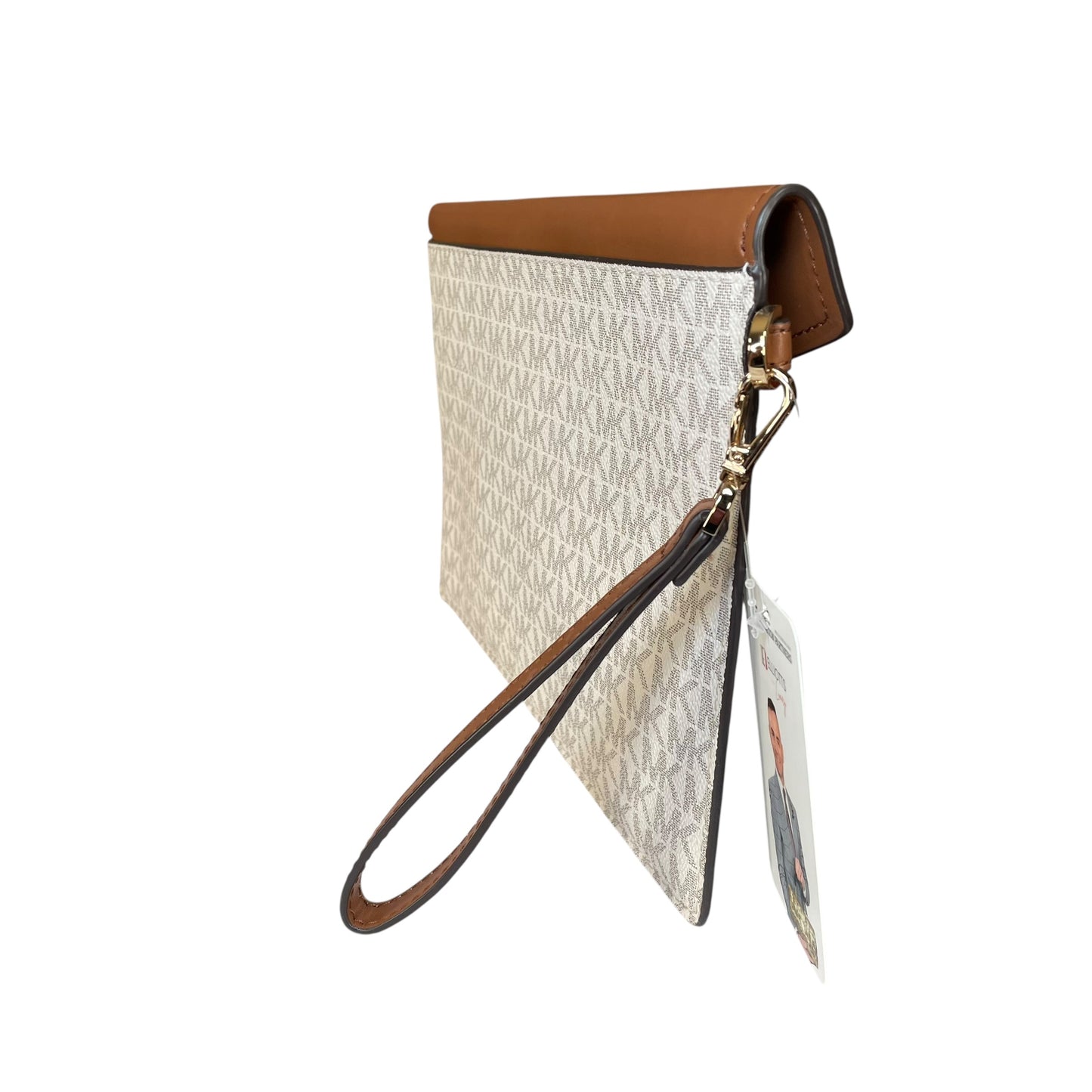Michael Kors Maisie Leather Brown White Canvas GHW XL Envelope Clutch Wristlet