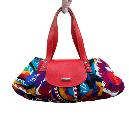 Etro Floral Canvas Fabric Multi Color Leather East West Shoulder Purse