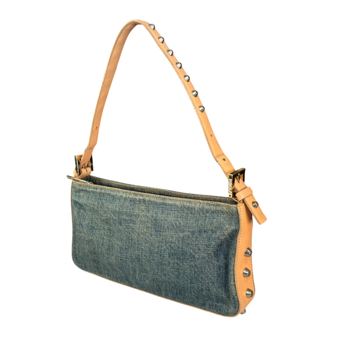 Fendi Y2K Baguette GHW Denim Studded Tan Leather Shoulder Purse