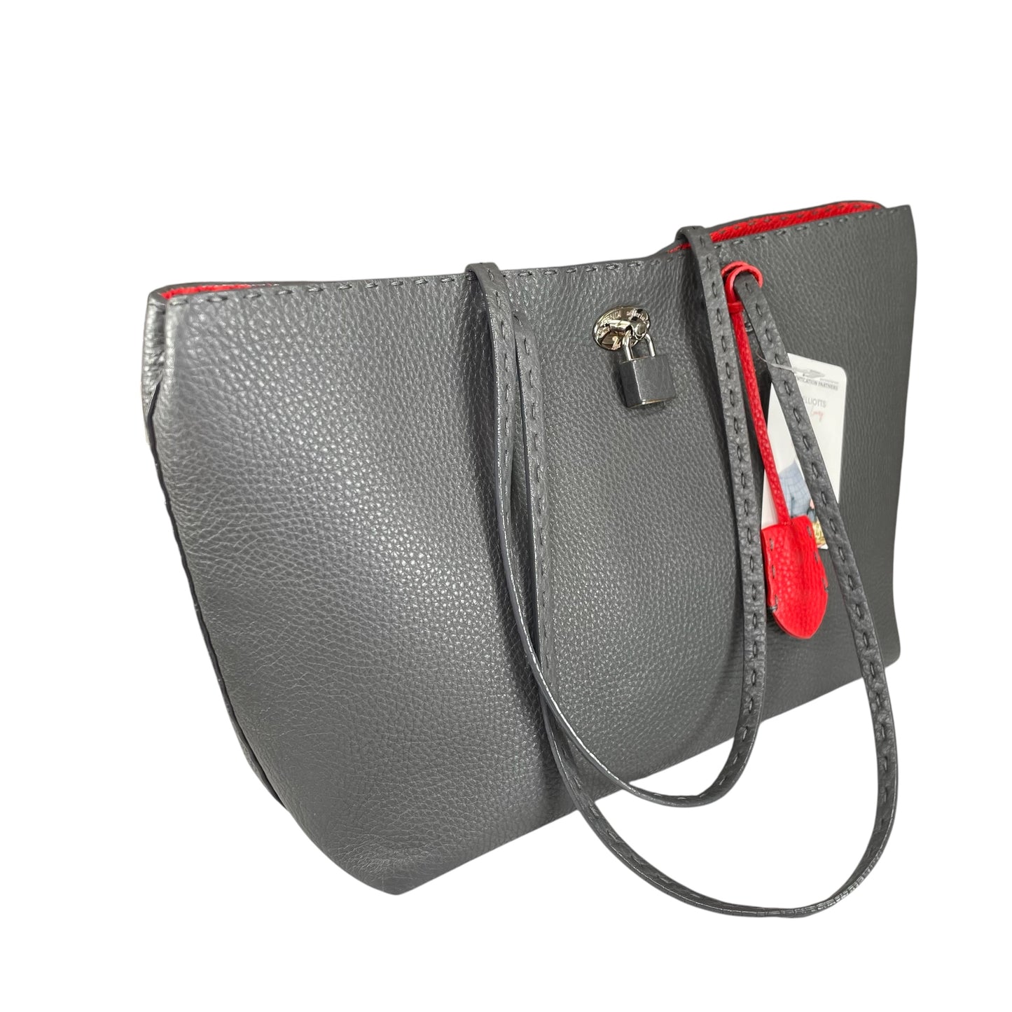 Fendi Selleria Grey / Red Sterling Silver  Pebbled Leather Lock Medium Tote