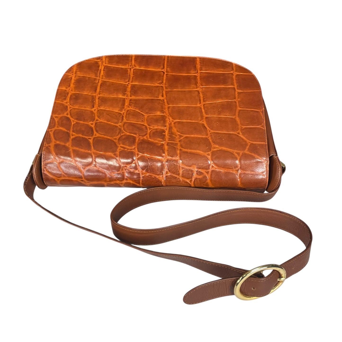 Roberta Di Camerino Croc Embossed Brown Leather GHW Shoulder Flap Purse