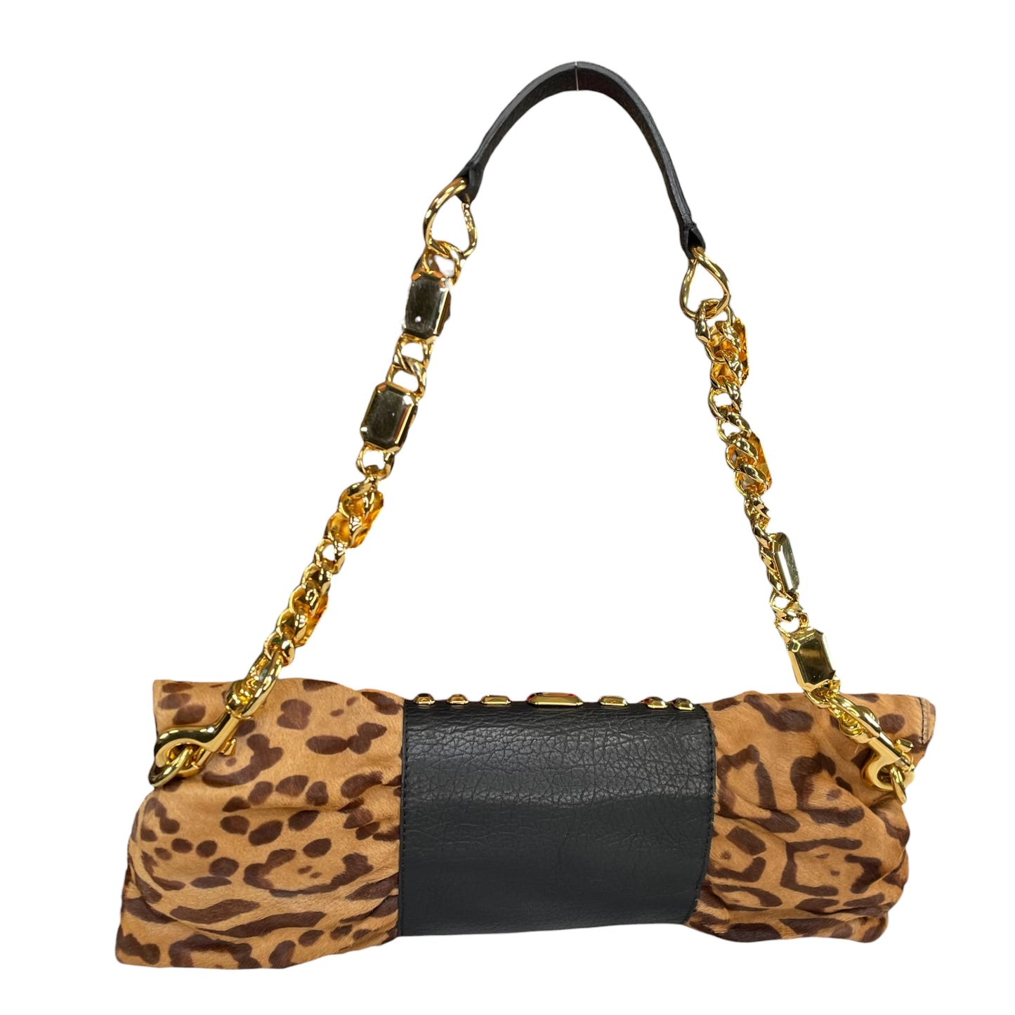 Valentino Leopard Pony Hair Studded GHW East-West Chain Shoulder Bag / Clutch