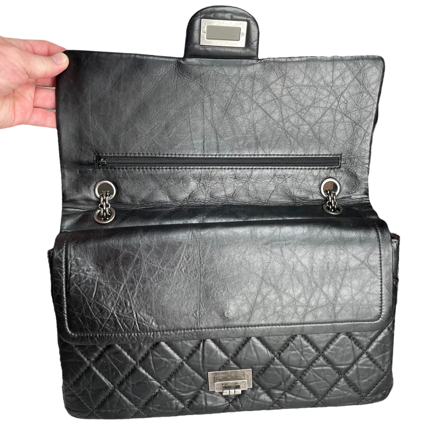 Chanel CC 255 Re-Issue Large Black Aged Calf Gunmetal Hardware Double Flap Purse