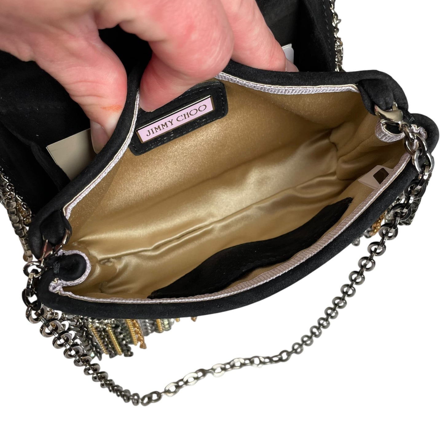 Jimmy Choo  Mini Black Suede Mixed Chain Rhinestone Fringe Hardware 2-Way Clutch Shoulder Purse