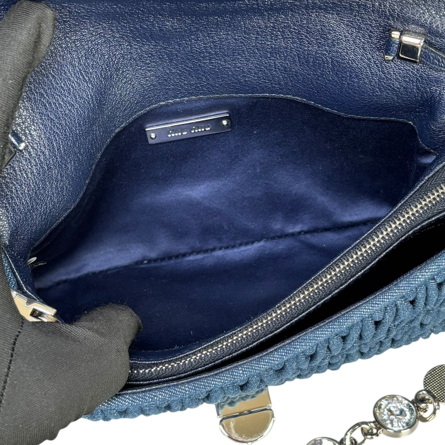 Miu Miu Crystal SHW Encrusted Denim 2-Way Crossbody Flap Turn-Lock Purse