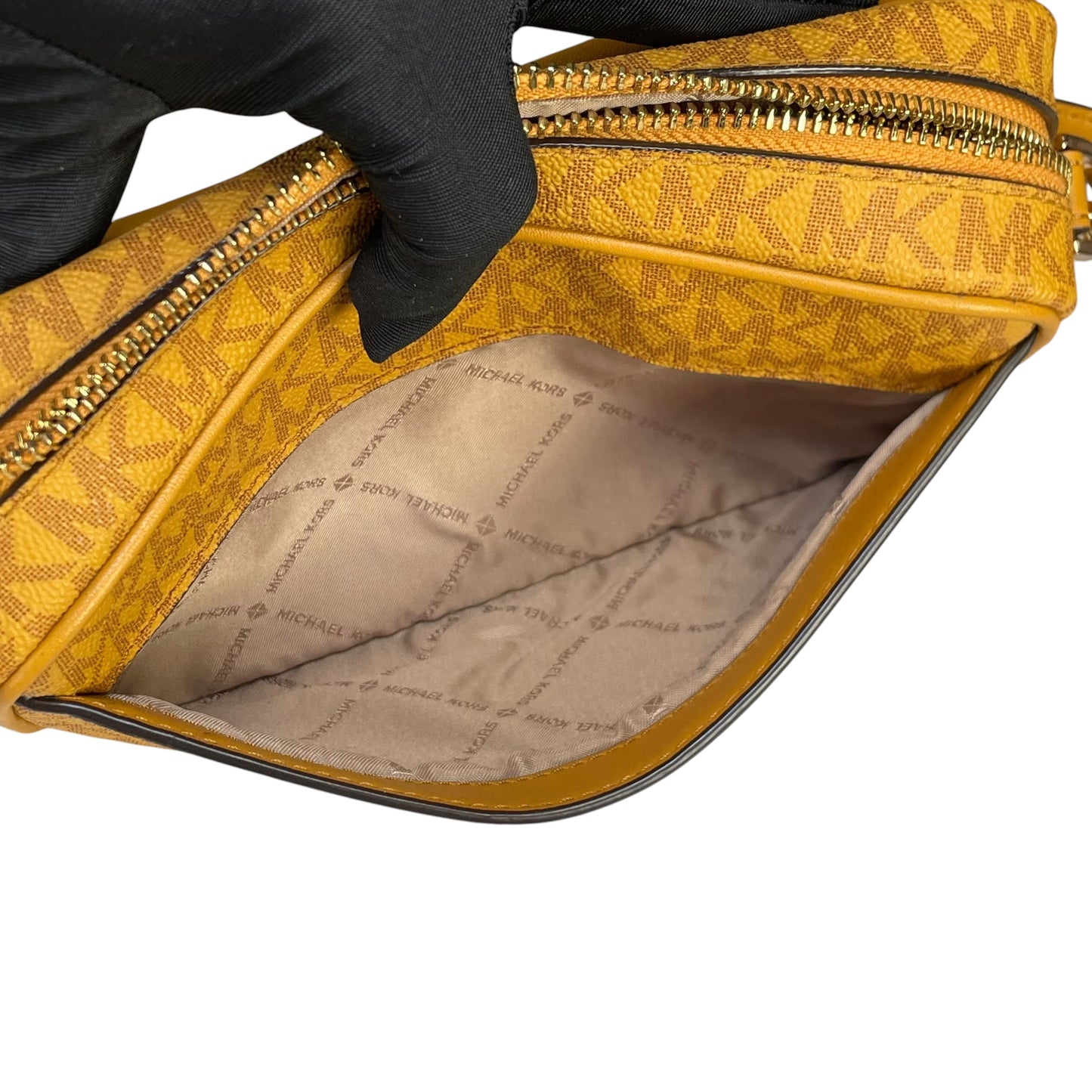 Micheal Kors Mustard GHW Jet Set Leather Canvas Crossbody