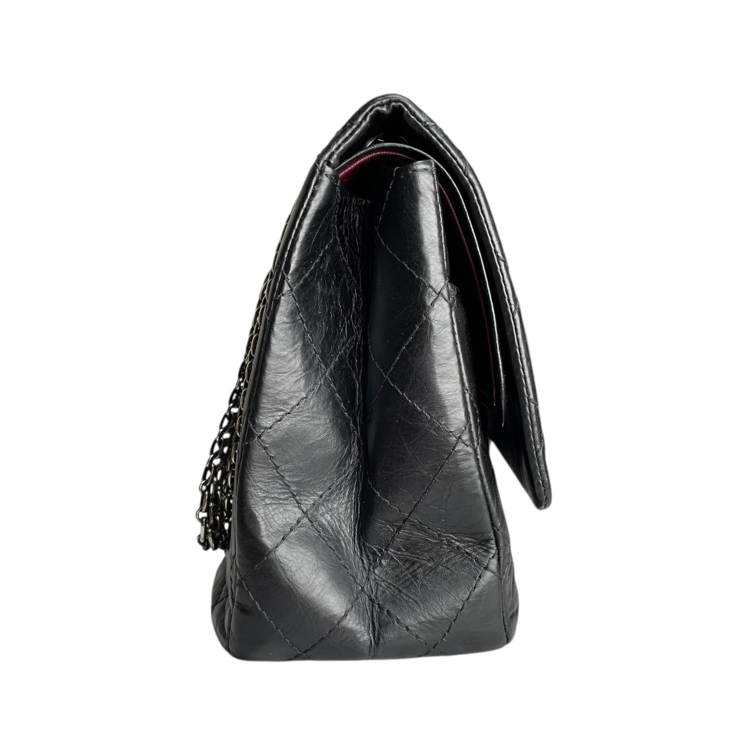 Chanel CC 255 Re-Issue Large Black Aged Calf Gunmetal Hardware Double Flap Purse