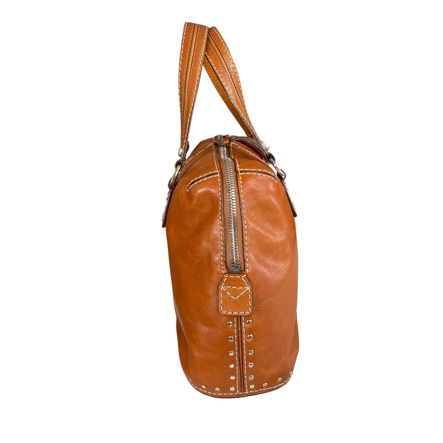 Michael Kors Astor Studded Equestrian SHW Distressed Tan Leather Satchel