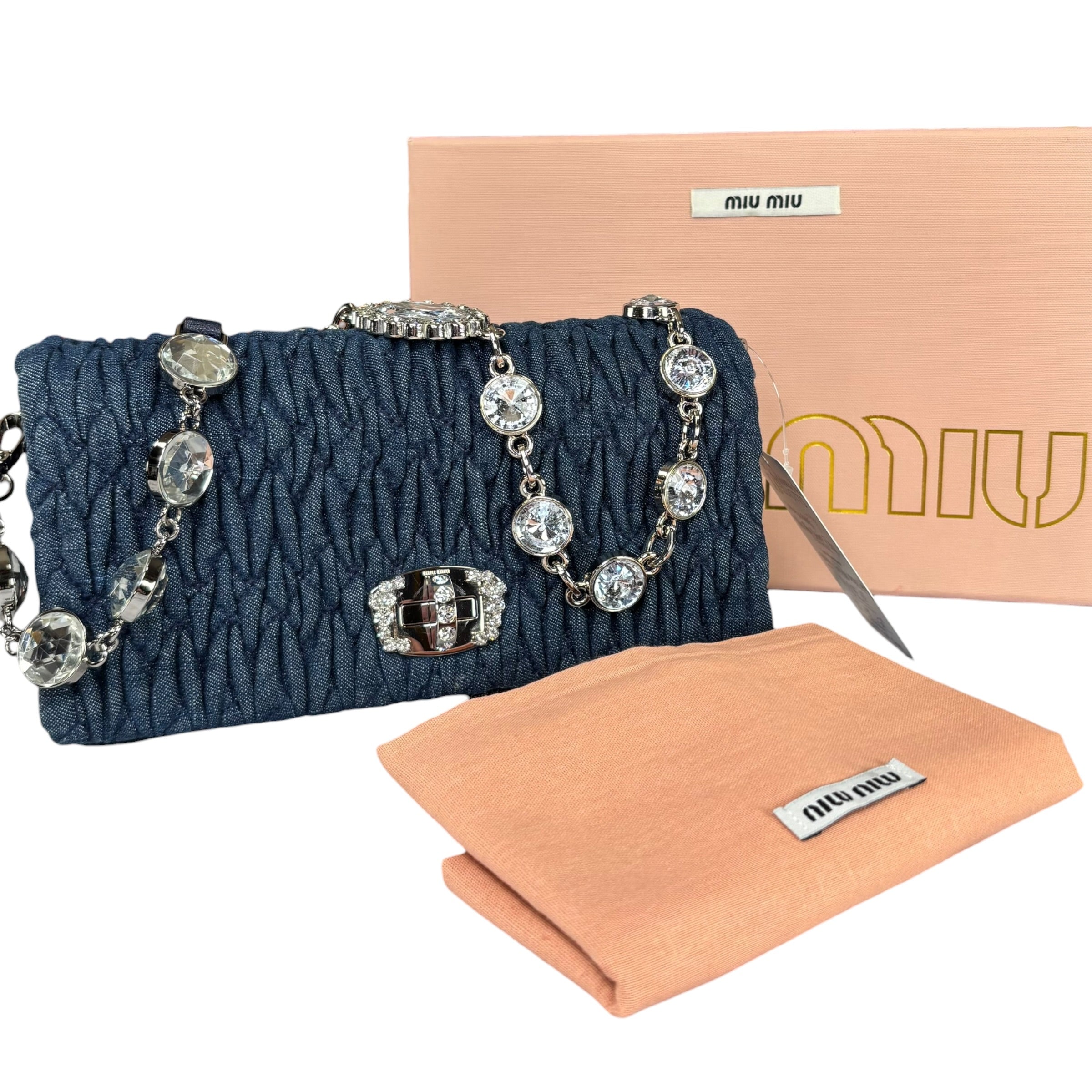 Miu Miu Crystal SHW Encrusted Denim 2-Way Crossbody Flap Turn-Lock