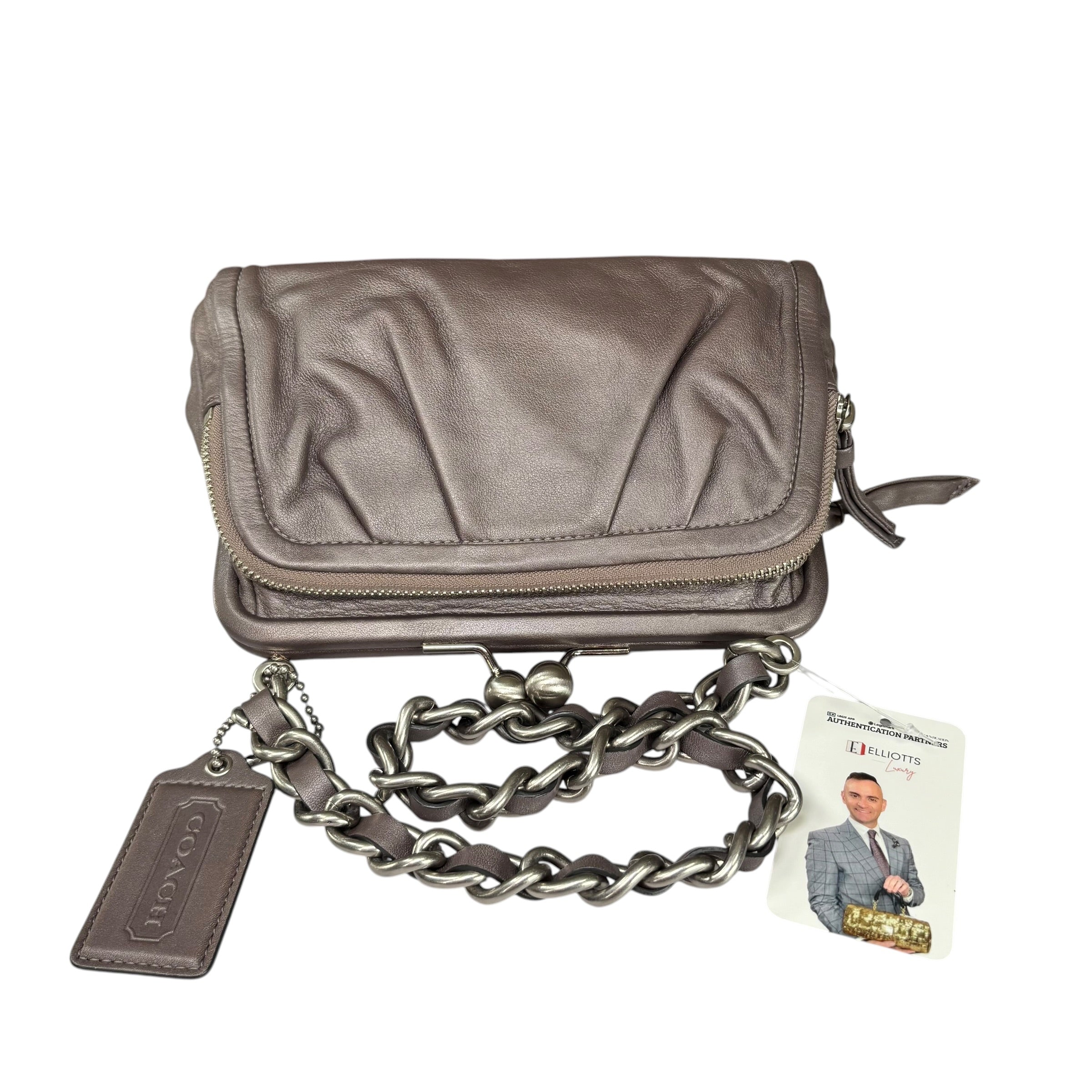 Coach Y2K Parker Gray Metallic Nickel HW Chain Kiss-Lock Leather