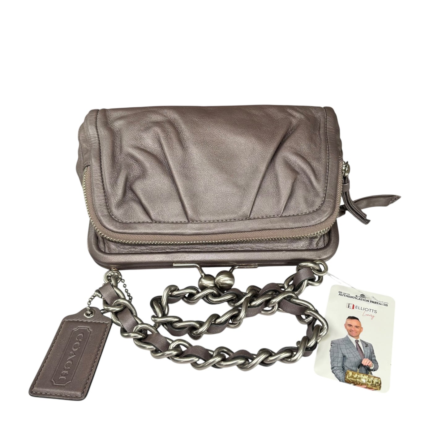 Coach Y2K Parker Gray Metallic Nickel HW Chain Kiss-Lock Leather Shoulder Purse