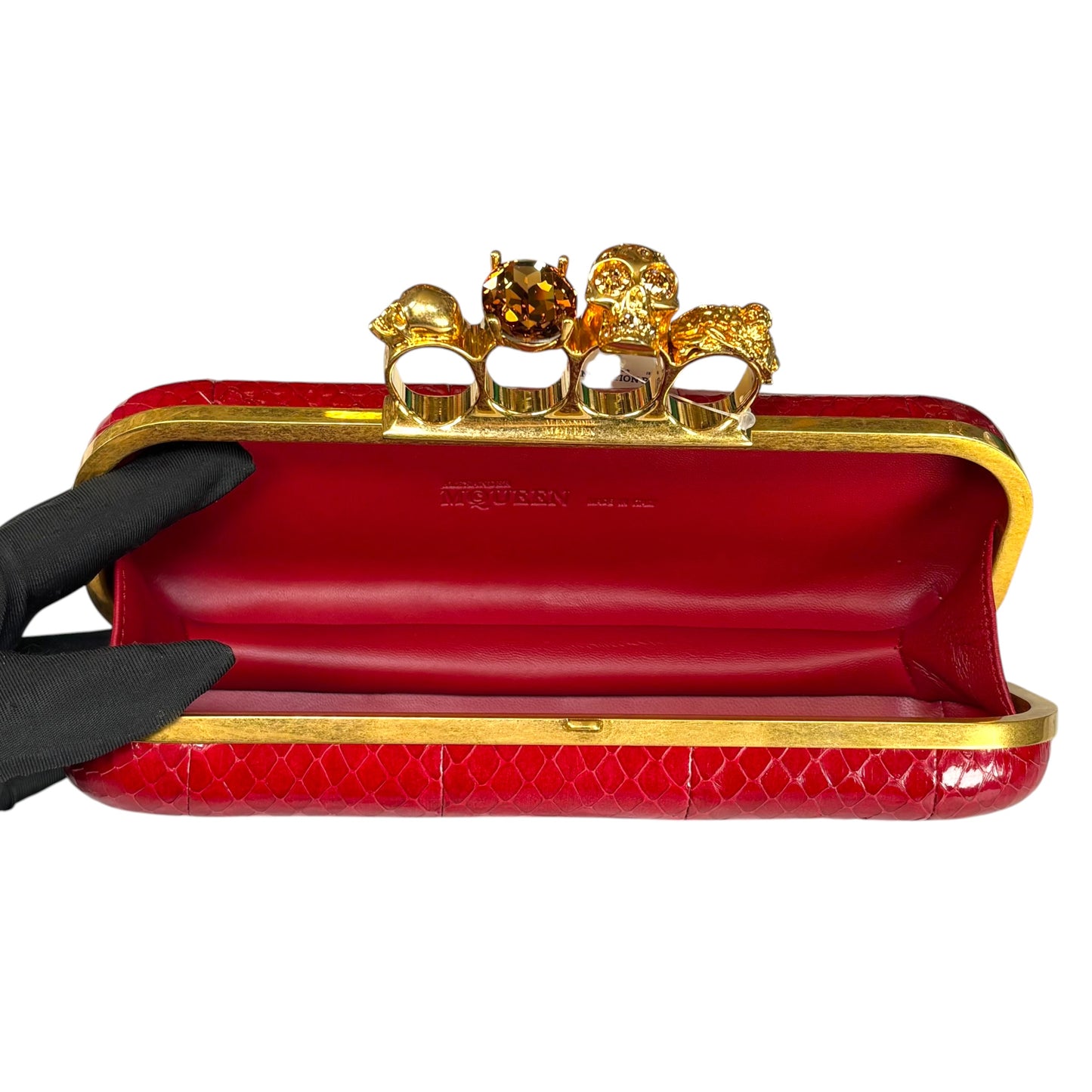 Alexander McQueen Ruby Red Embossed Leather Knuckle Clutch – Gold Rhinestone Skull Hardware