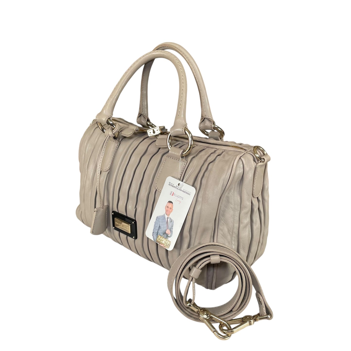 Emporio Armani Pleated GHW Leather Satchel Taupe Lock Key Crossbody Boston Bag