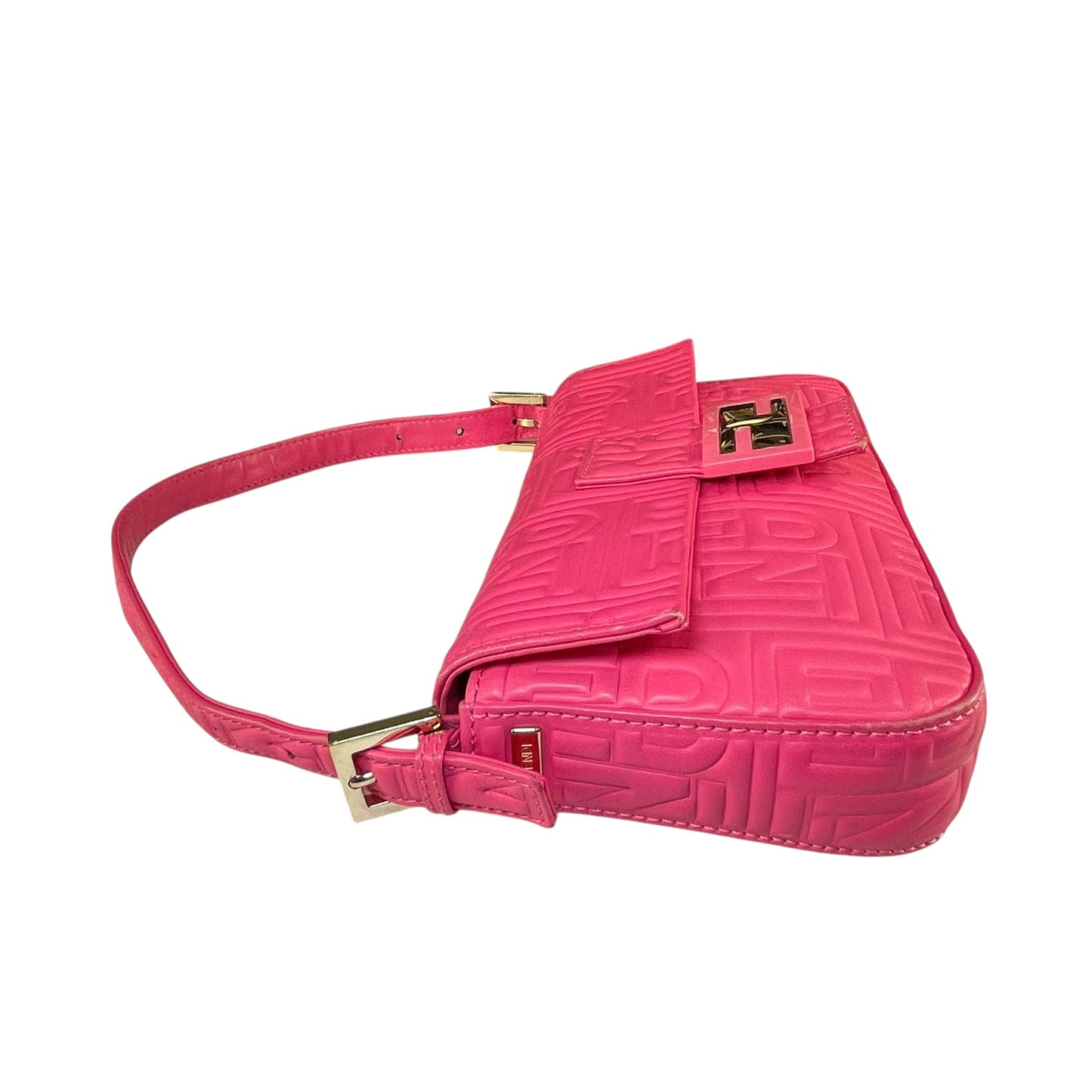 Fendi Baguette Re-Issue Embossed GHW Fusia Pink Leather Shoulder Purse