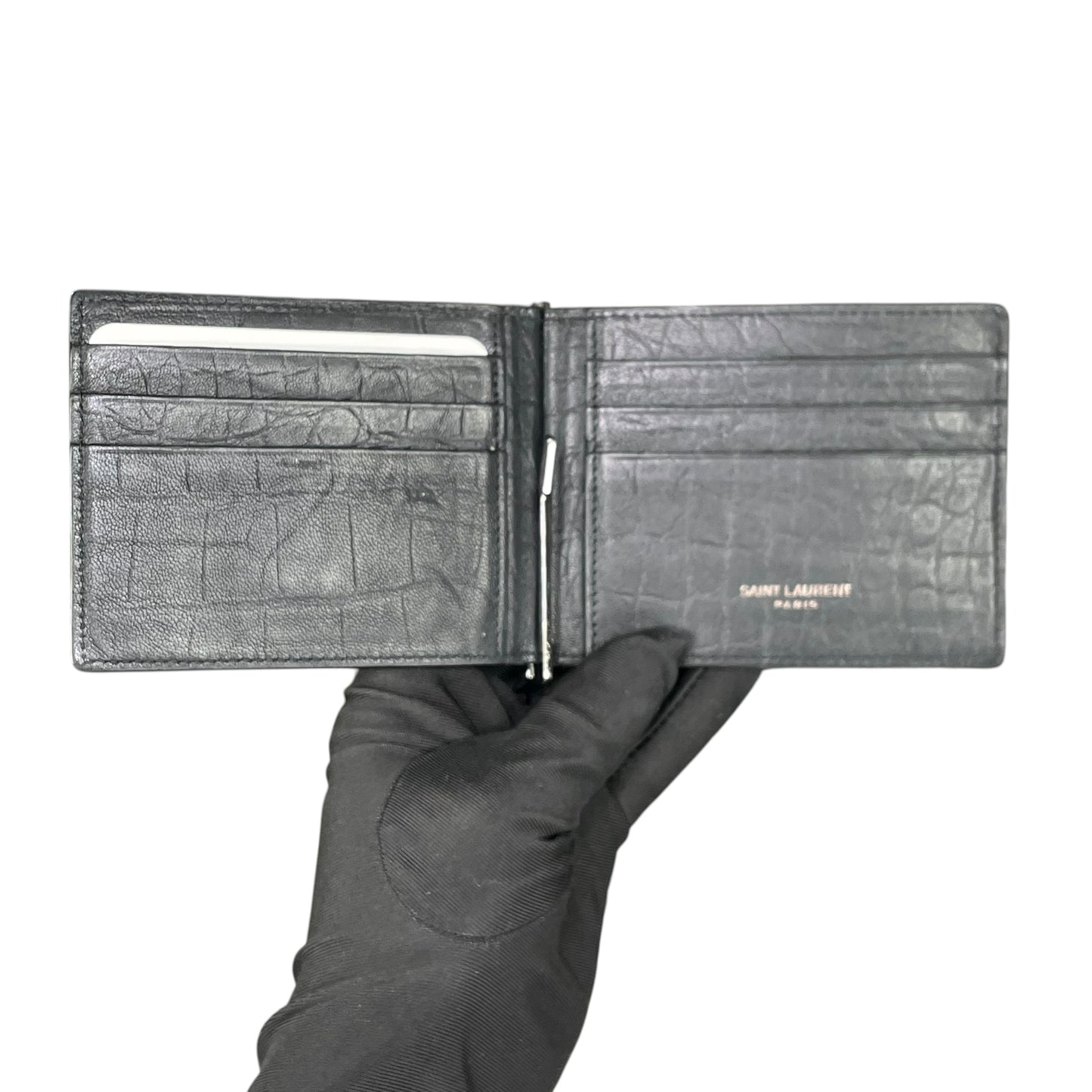 YSL Mens Black Croc Embossed Clip Cash Card Bi Fold Wallet
