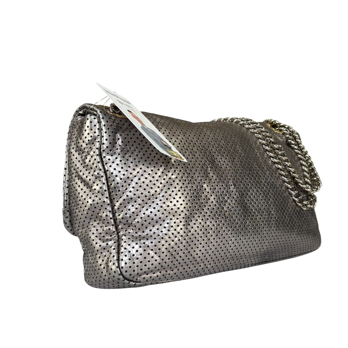Chanel 2.55 Drill Flap Pewter Metallic Lambskin Leather GHW Med Shoulder Purse