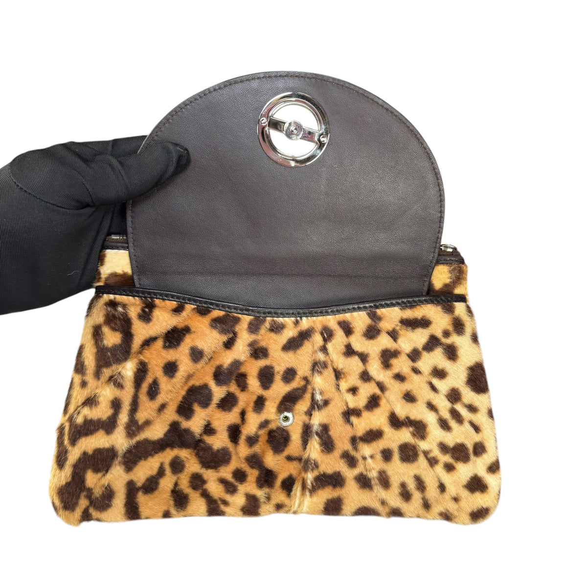 Christian Dior Harako Y2K Pony Hair Zippy Clutch – Leopard Print / Brown Leather