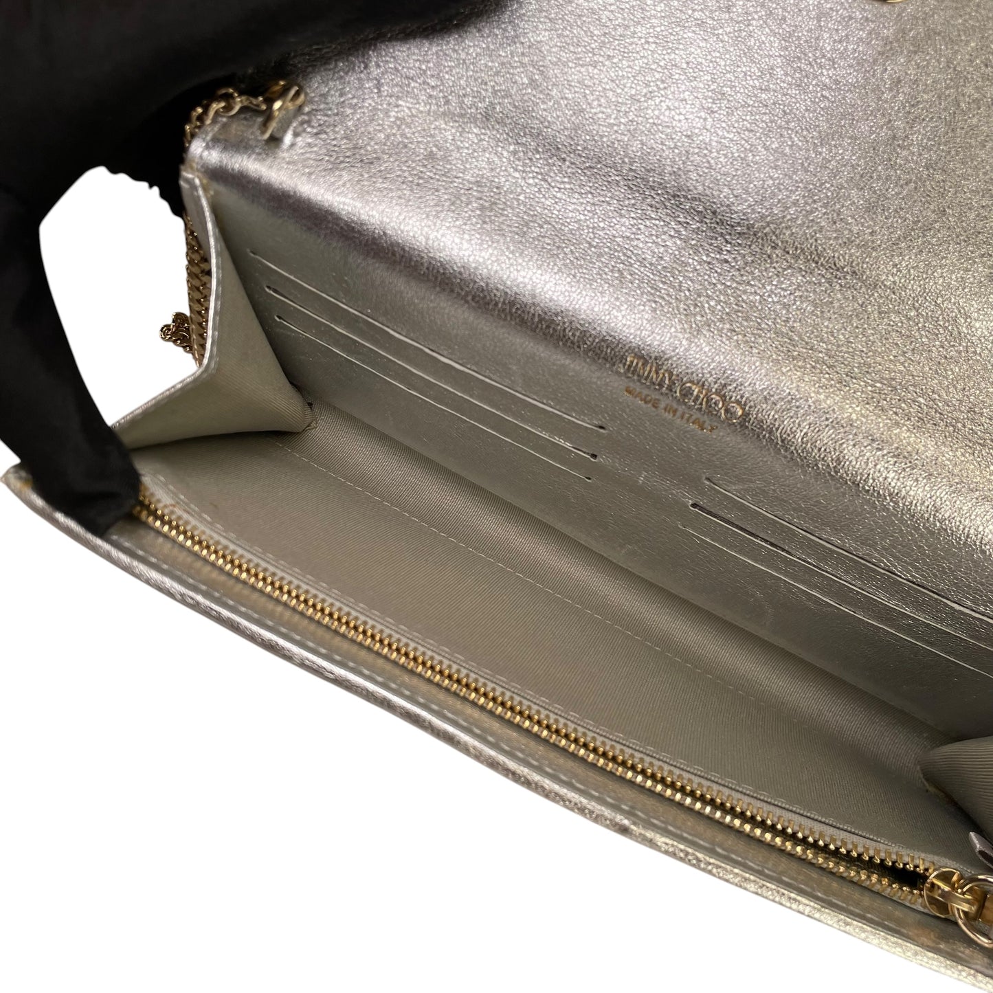 Jimmy Choo Margot Metallic Glitter Silver Leather GHW Chain Clutch