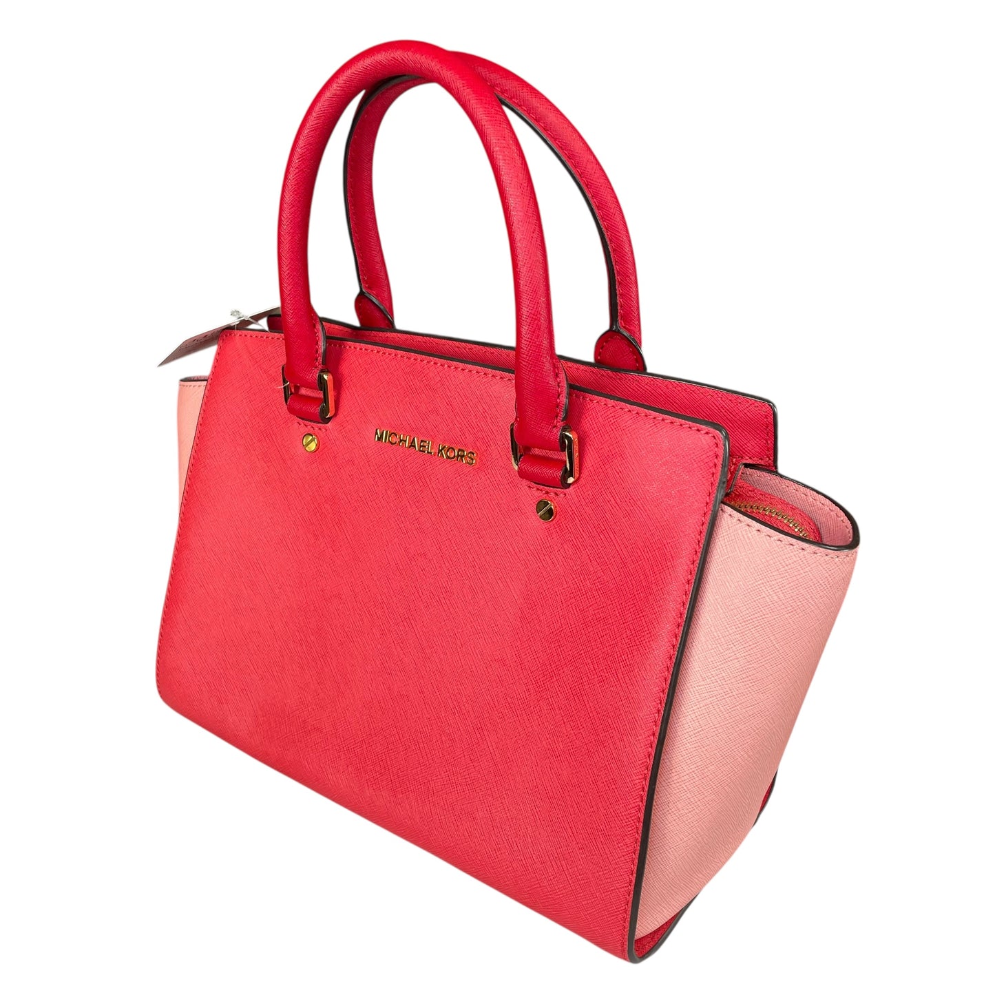 Michael Kors Selma Medium Satchel Pink Saffiano Leather Gold HW Crossbody Purse