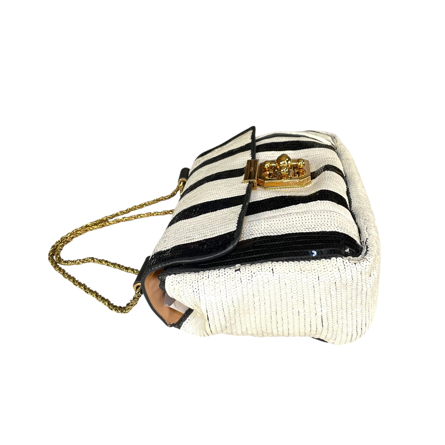 Chloe Elsie Medium Sequin Leather Stripe Black White GHW Rope Strap Shoulder Bag