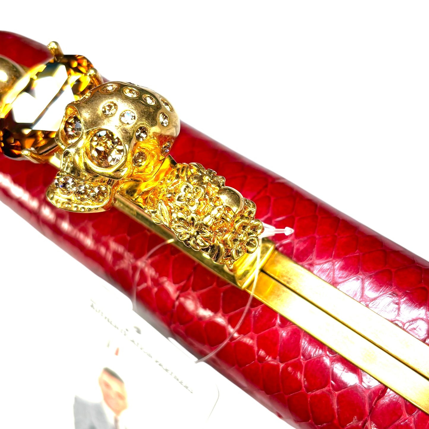 Alexander McQueen Ruby Red Embossed Leather Knuckle Clutch – Gold Rhinestone Skull Hardware