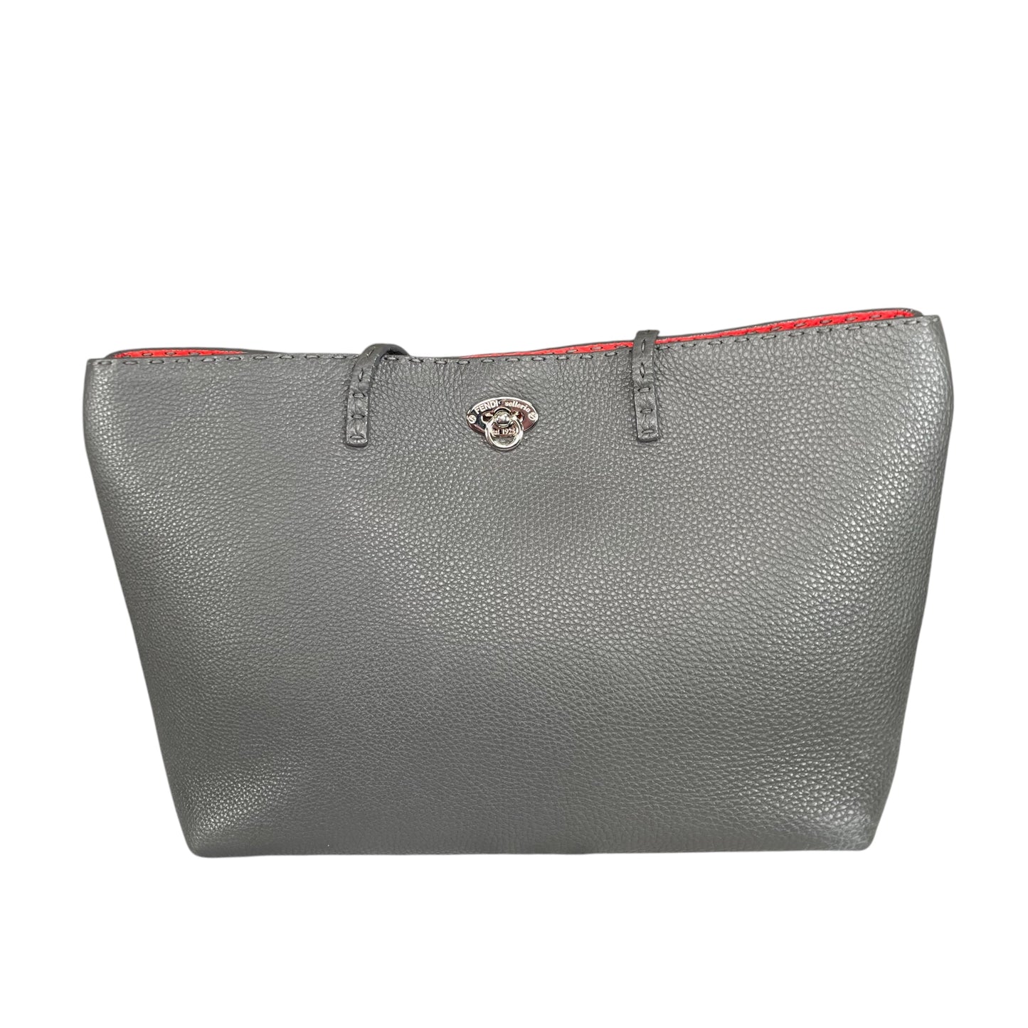 Fendi Selleria Grey / Red Sterling Silver  Pebbled Leather Lock Medium Tote