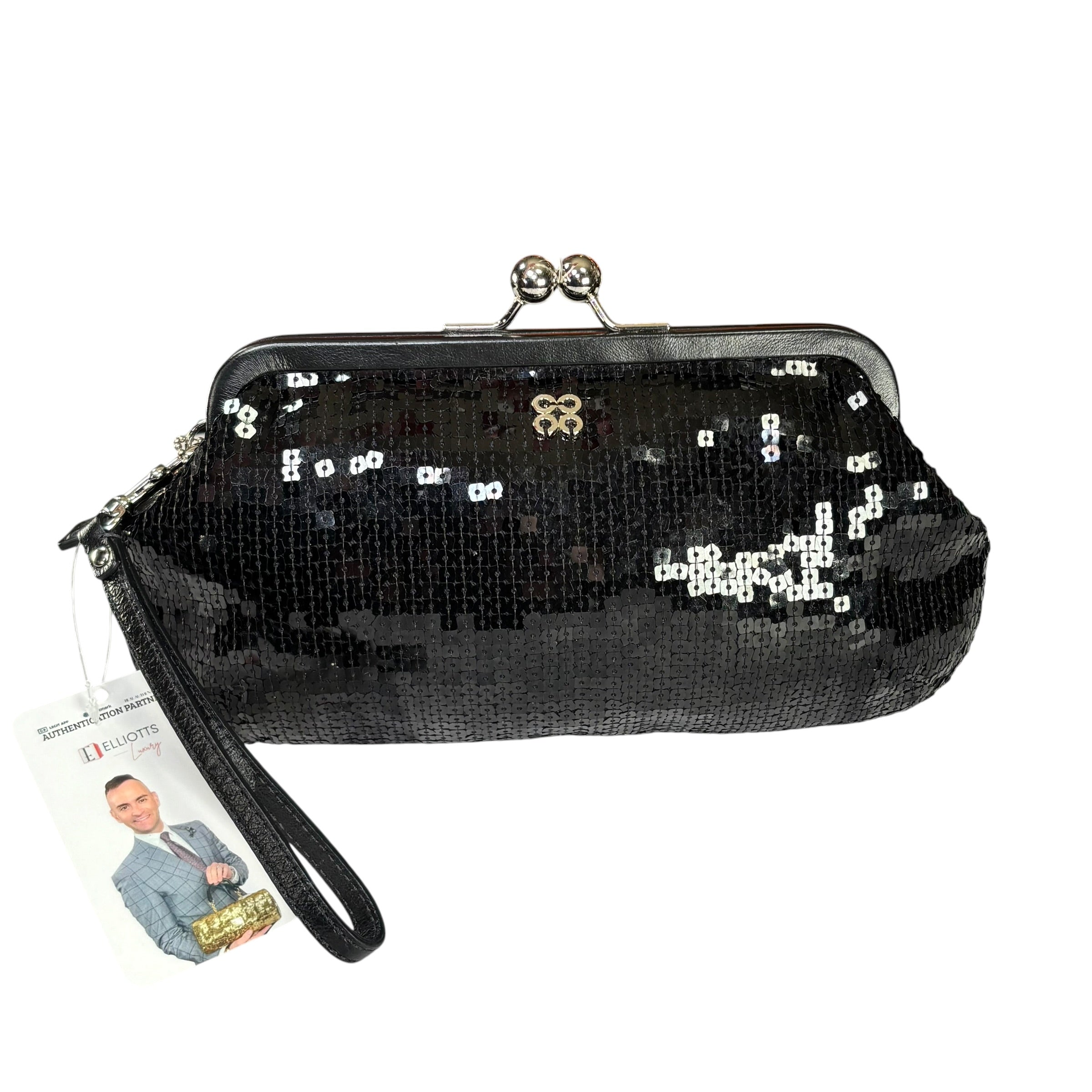 Coach Opti C Aubrey Sequin Black Leather Kiss-Lock Closure Clutch