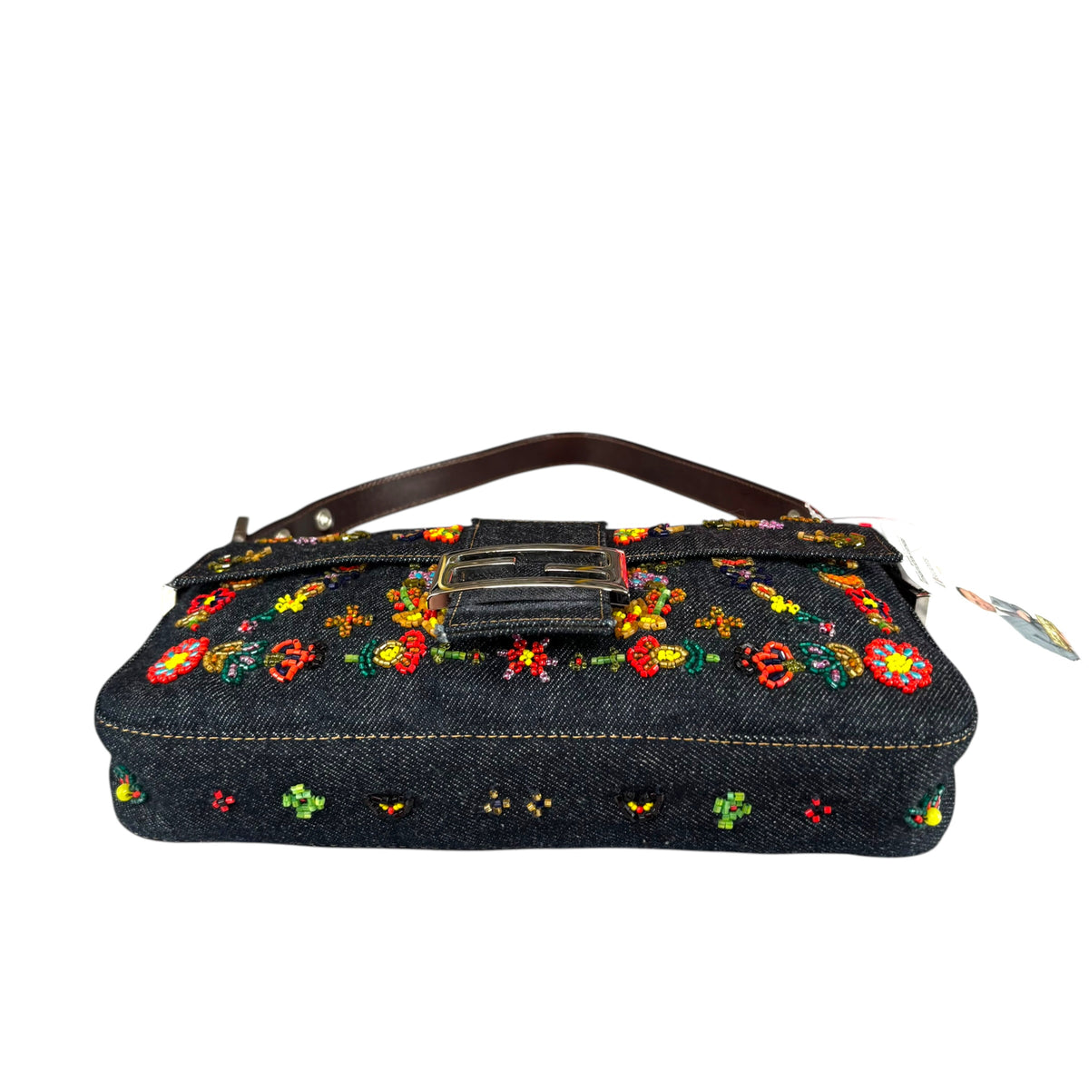 Fendi Y2K Denim Classic Floral Beaded Baguette Shoulder Purse