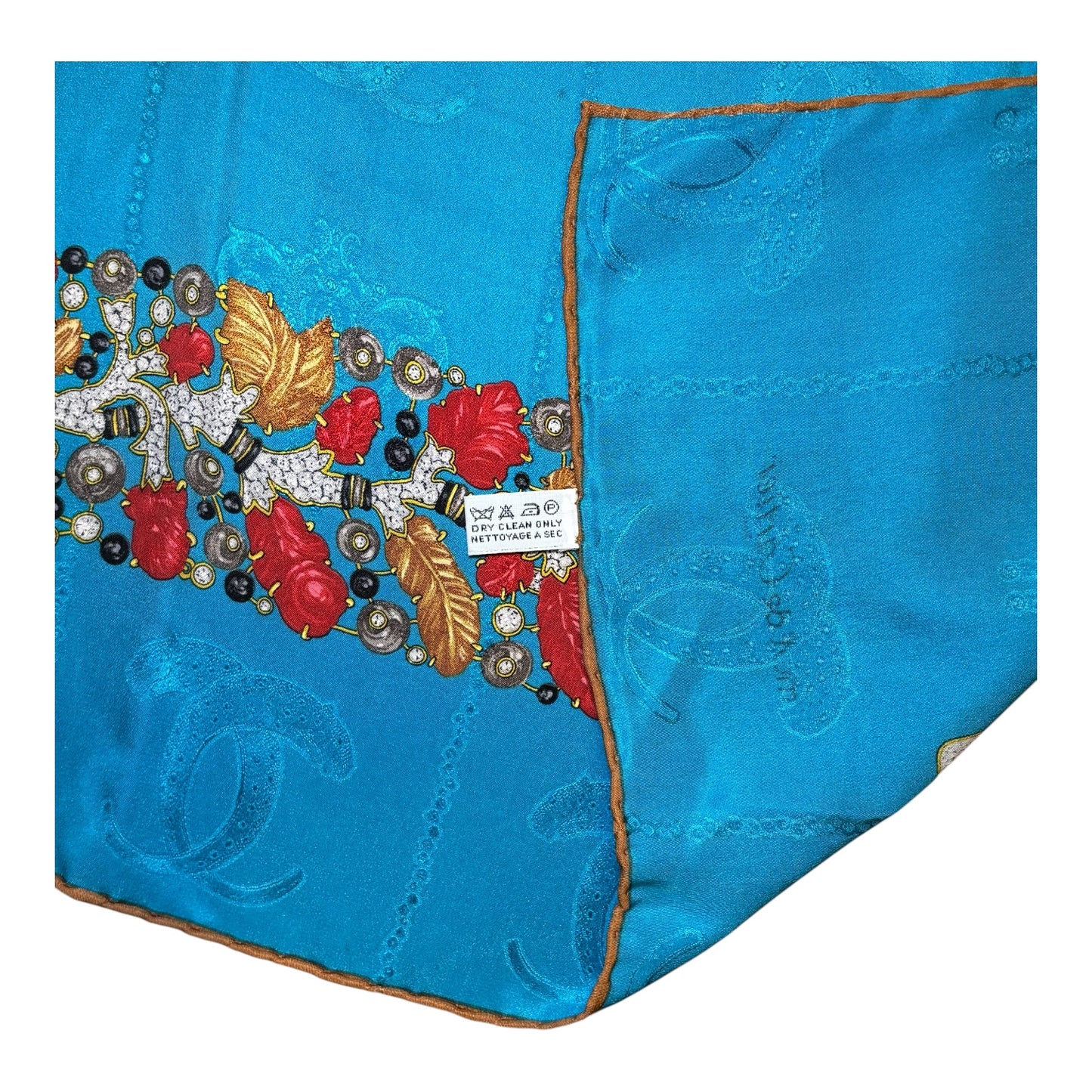 Cartier Must de Cartier 34” x 34” Jewel Necklace Motif Blue Coral Gold Silk Scarf