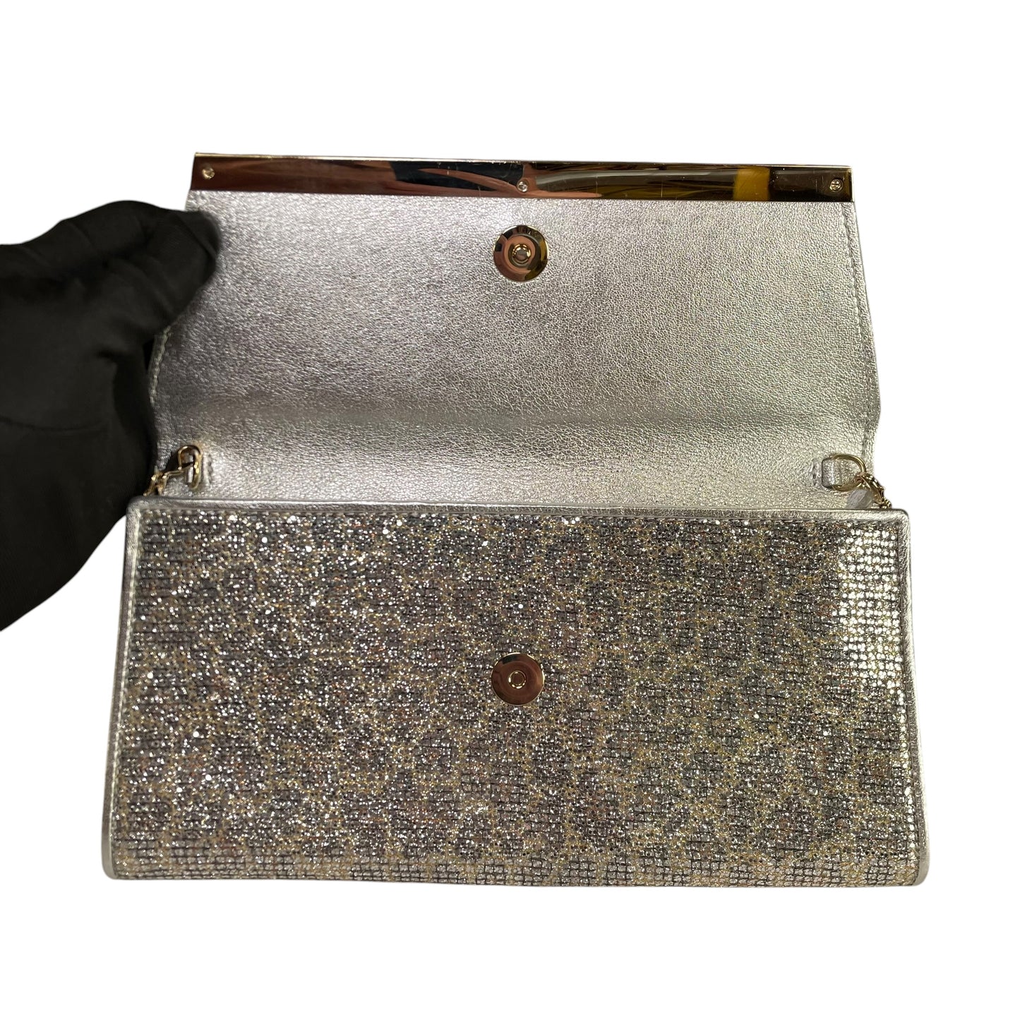 Jimmy Choo Margot Metallic Glitter Silver Leather GHW Chain Clutch