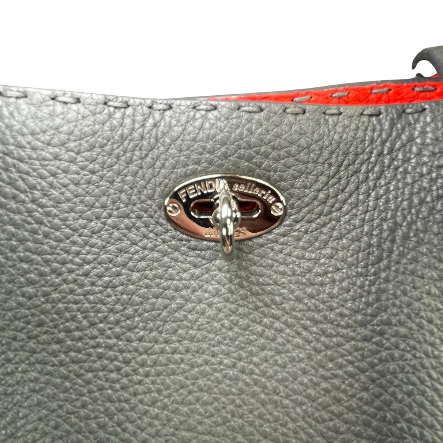 Fendi Selleria Grey / Red Sterling Silver  Pebbled Leather Lock Medium Tote