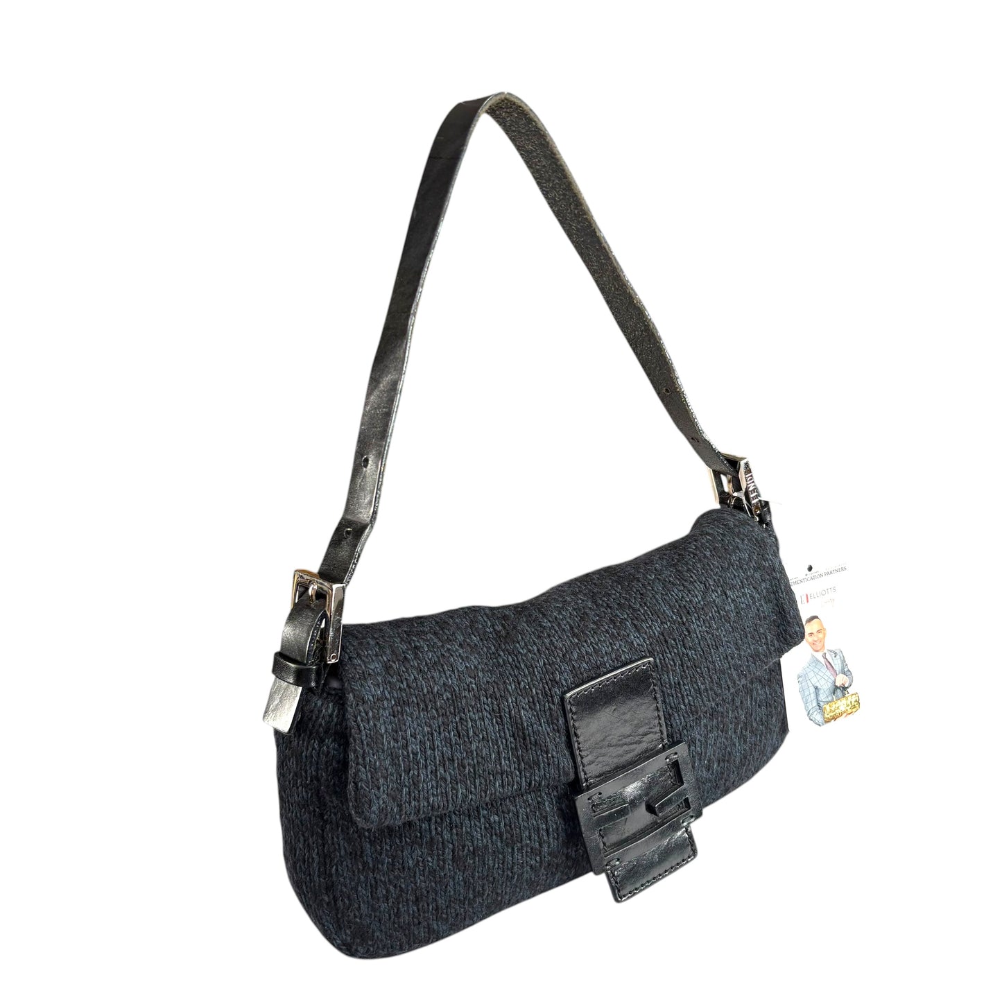 Fendi Baguette Classic Y2K Wool Cashmere Blue / Black SHW Knit Shoulder Purse