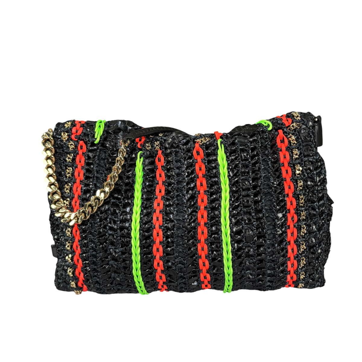 Jimmy Choo GHW Leather Rafia Neon Black Snake Chain Flap
