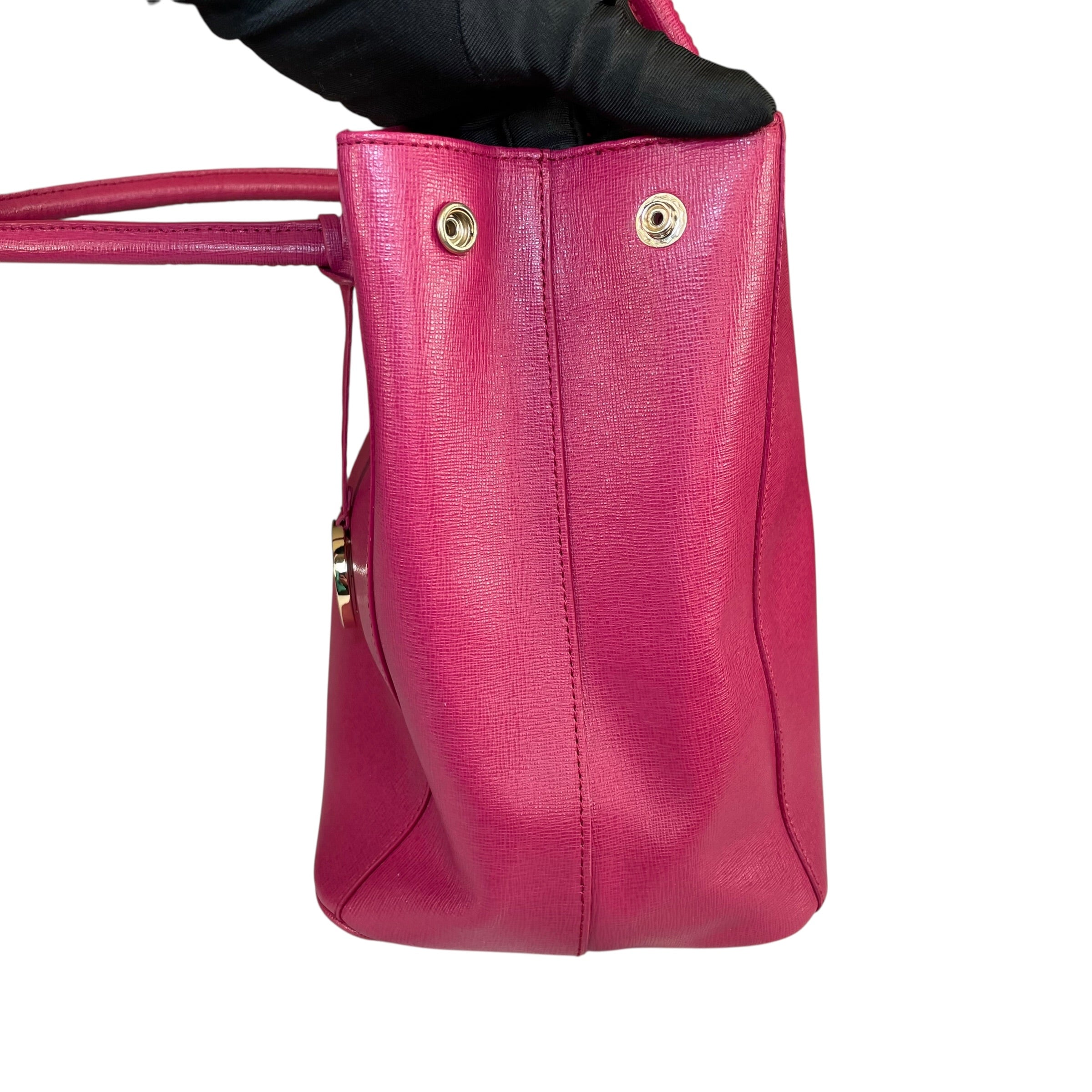 Furla Linda Magenta GHW Saffiano Leather Bucket Tote Purse