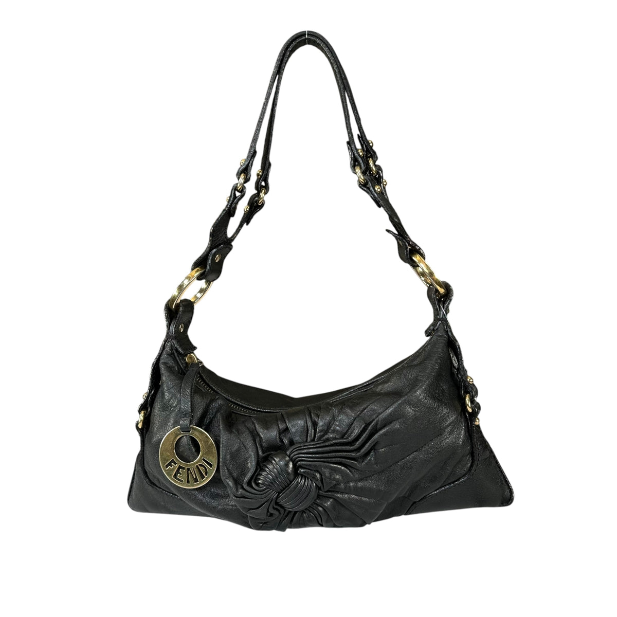 Fendi Baguette Y2K Knot / Flower Black Leather Shoulder Purse