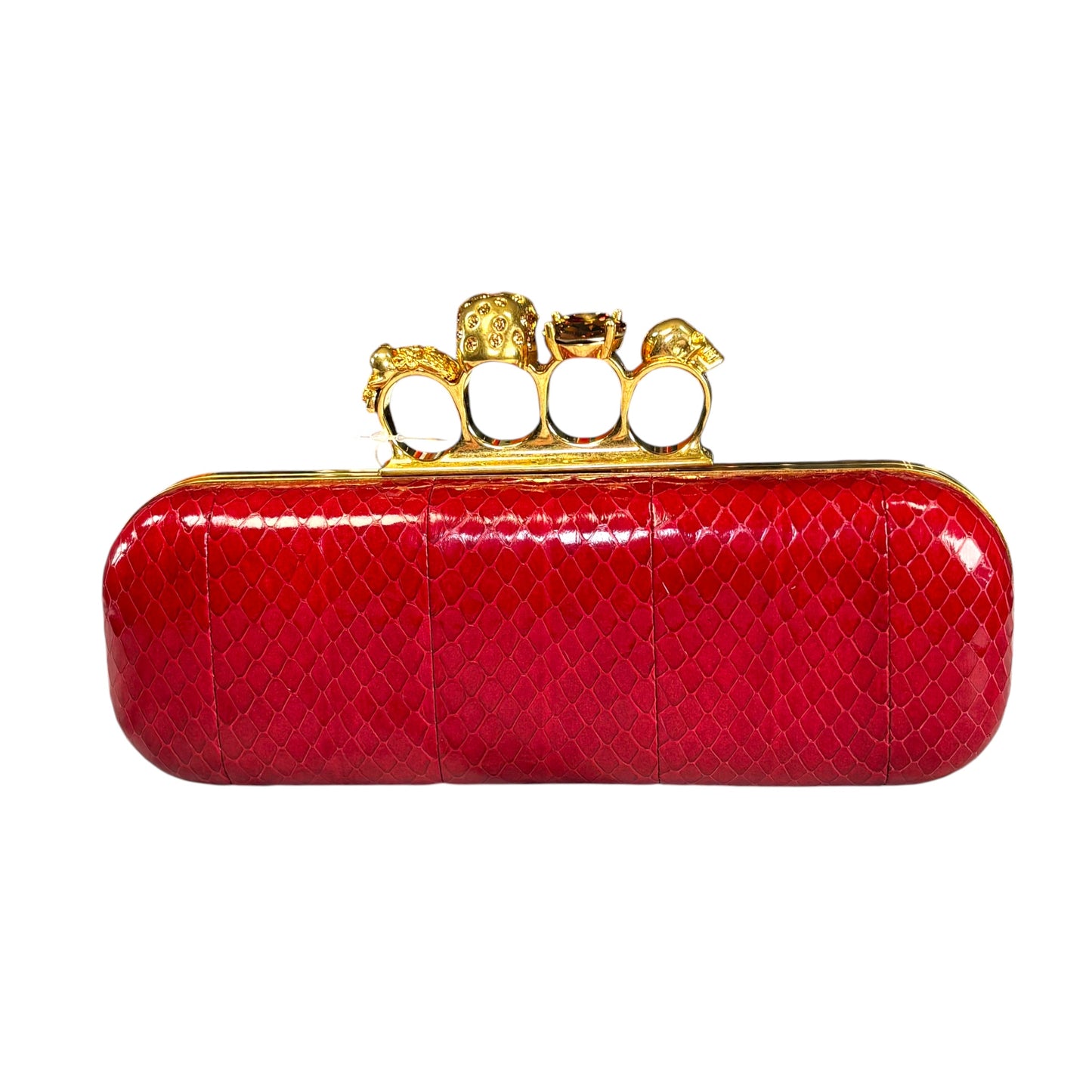 Alexander McQueen Ruby Red Embossed Leather Knuckle Clutch – Gold Rhinestone Skull Hardware