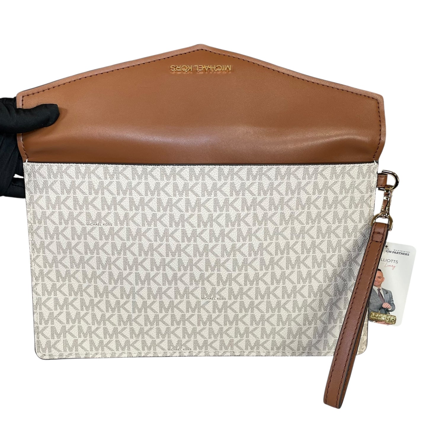 Michael Kors Maisie Leather Brown White Canvas GHW XL Envelope Clutch Wristlet